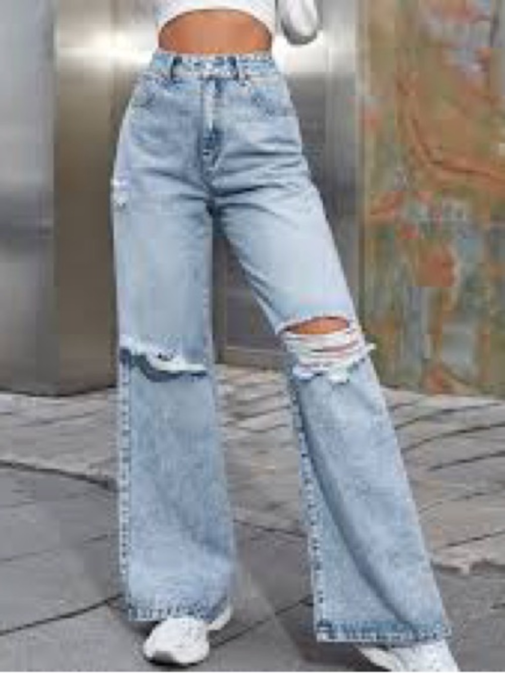 Zara Light Blue Distressed Wide-Leg Jeans - Women